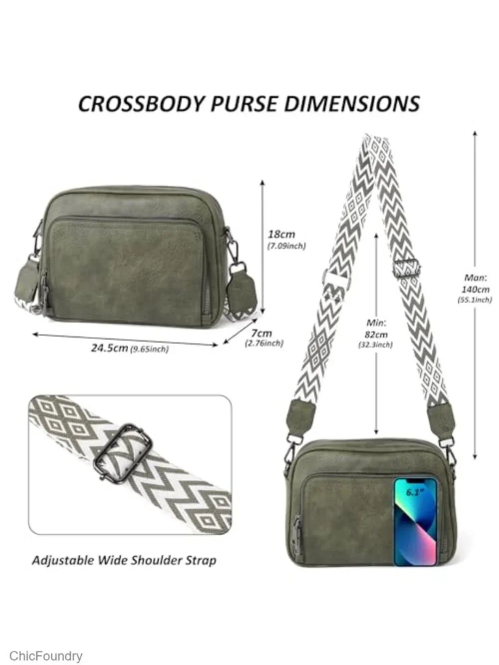 Vegan Leather Crossbody Bag Women Adjustable Strap 8 Pockets Purse